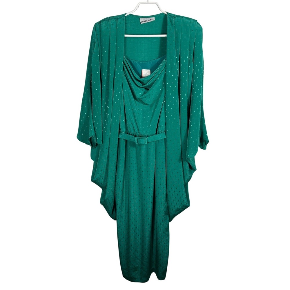 70s 2pc Vintage Algo Boutique Emerald Green Jacquard Dress Set Belted Shrug